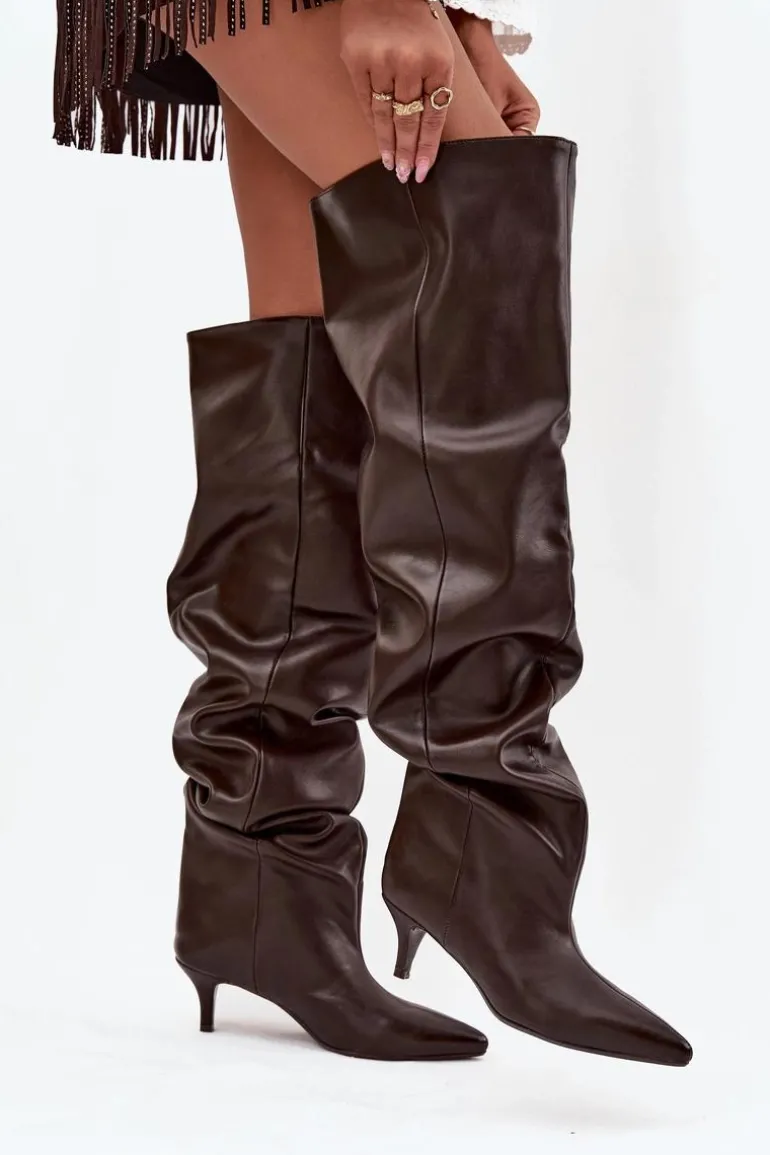 Wsuwane Kozaki Damskie Na Szpilce Czekoladowe Ysolienne