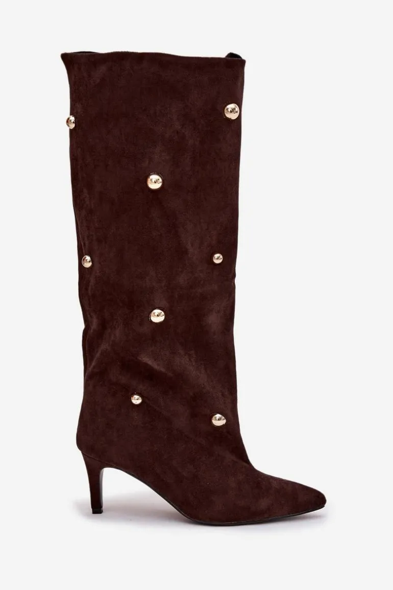 Wsuwane Kozaki Damskie Na Szpilce Ze Złotymi Ozdobami Czekoladowe Thaliane