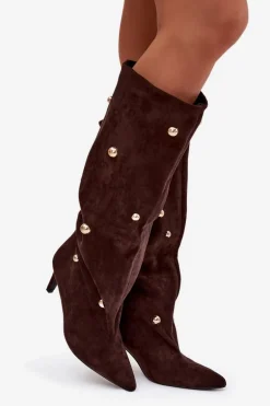 Wsuwane Kozaki Damskie Na Szpilce Ze Złotymi Ozdobami Czekoladowe Thaliane