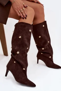 Wsuwane Kozaki Damskie Na Szpilce Ze Złotymi Ozdobami Czekoladowe Thaliane