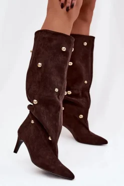 Wsuwane Kozaki Damskie Na Szpilce Ze Złotymi Ozdobami Czekoladowe Thaliane