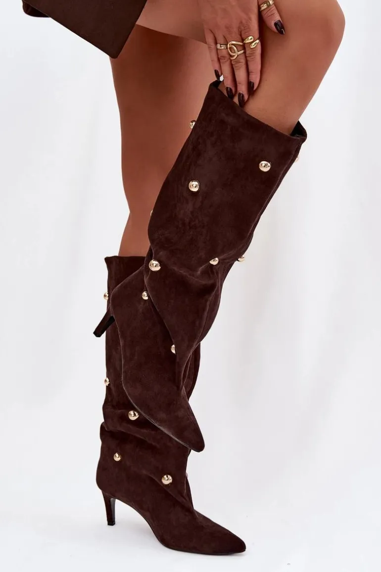 Wsuwane Kozaki Damskie Na Szpilce Ze Złotymi Ozdobami Czekoladowe Thaliane