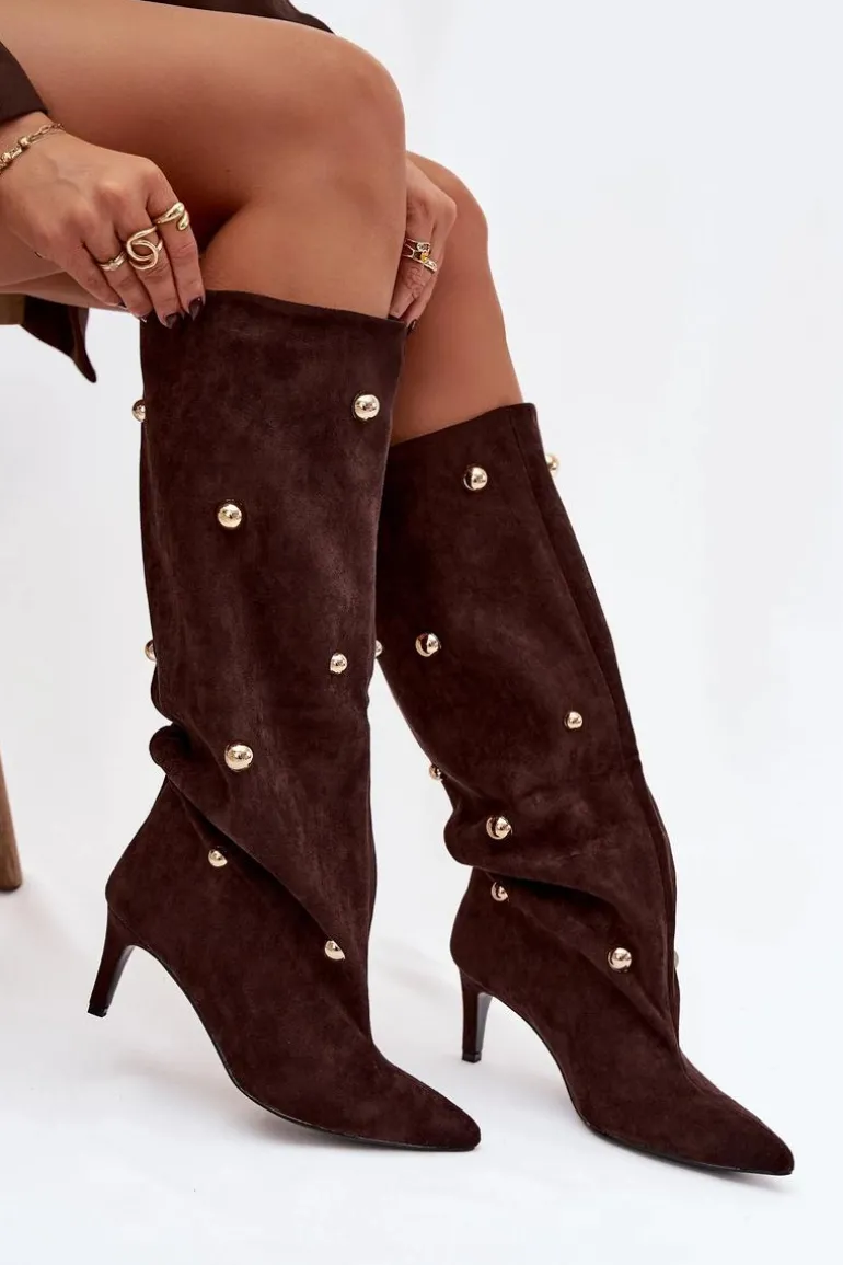 Wsuwane Kozaki Damskie Na Szpilce Ze Złotymi Ozdobami Czekoladowe Thaliane