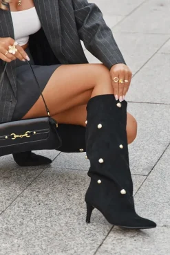 Wsuwane Kozaki Damskie Na Szpilce Ze Złotymi Ozdobami Czarne Thaliane