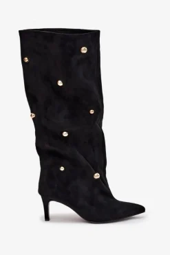 Wsuwane Kozaki Damskie Na Szpilce Ze Złotymi Ozdobami Czarne Thaliane