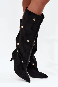 Wsuwane Kozaki Damskie Na Szpilce Ze Złotymi Ozdobami Czarne Thaliane