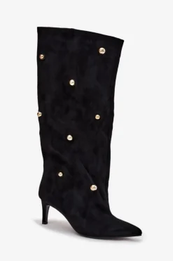 Wsuwane Kozaki Damskie Na Szpilce Ze Złotymi Ozdobami Czarne Thaliane