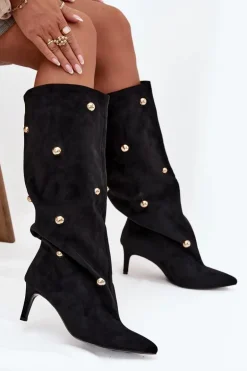 Wsuwane Kozaki Damskie Na Szpilce Ze Złotymi Ozdobami Czarne Thaliane