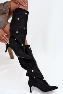 Wsuwane Kozaki Damskie Na Szpilce Ze Złotymi Ozdobami Czarne Thaliane