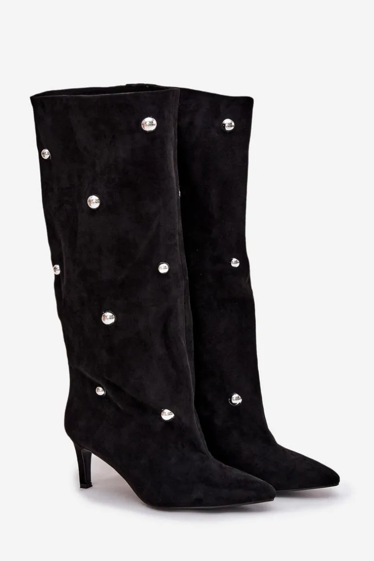 Wsuwane Kozaki Damskie Na Szpilce Ze Srebrnymi Ozdobami Czarne Thaliane