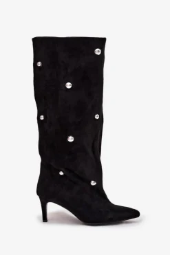 Wsuwane Kozaki Damskie Na Szpilce Ze Srebrnymi Ozdobami Czarne Thaliane