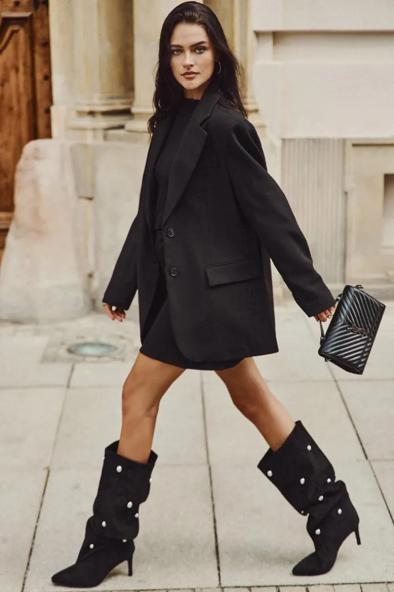 Wsuwane Kozaki Damskie Na Szpilce Ze Srebrnymi Ozdobami Czarne Thaliane