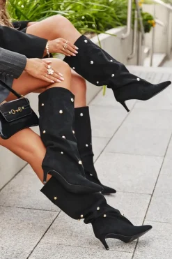 Wsuwane Kozaki Damskie Na Szpilce Ze Srebrnymi Ozdobami Czarne Thaliane