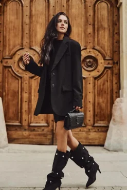 Wsuwane Kozaki Damskie Na Szpilce Ze Srebrnymi Ozdobami Czarne Thaliane