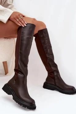 Wsuwane Kozaki Damskie Z Eko Skóry Czekoladowe Sylvina