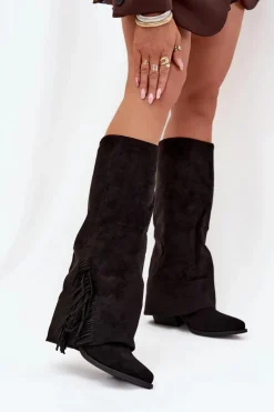 Wsuwane Kozaki Kowbojki Damskie Na Słupku Z Frędzlami Czarne Zalia