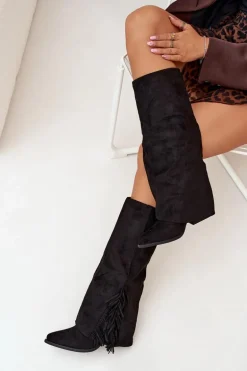 Wsuwane Kozaki Kowbojki Damskie Na Słupku Z Frędzlami Czarne Zalia