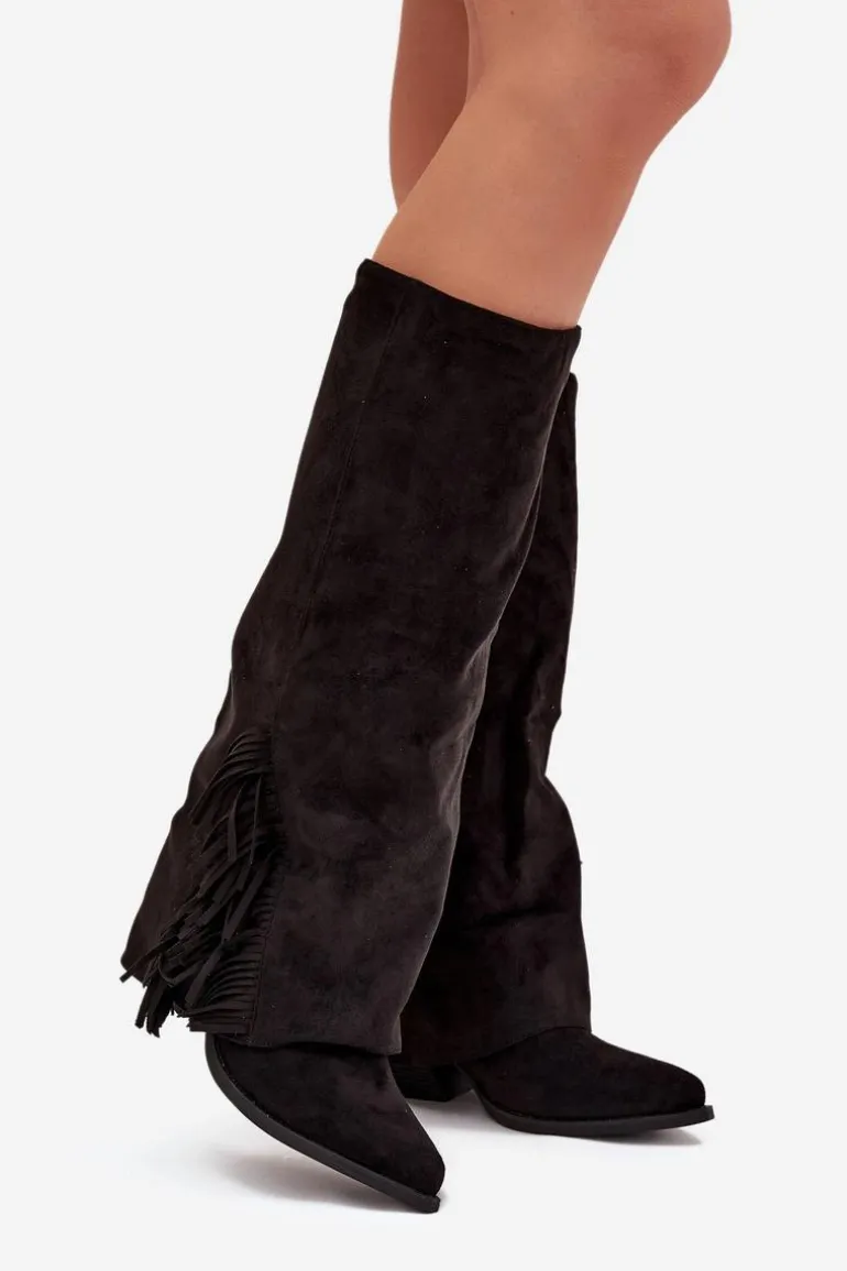 Wsuwane Kozaki Kowbojki Damskie Na Słupku Z Frędzlami Czarne Zalia