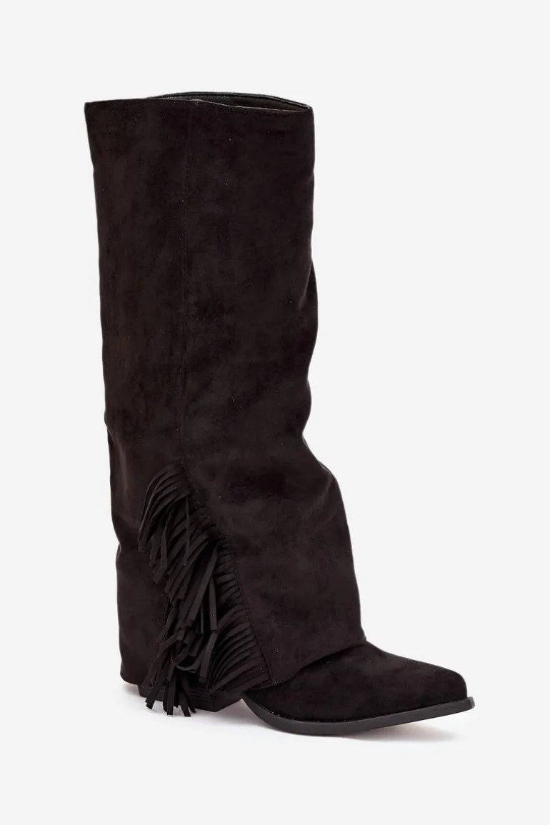 Wsuwane Kozaki Kowbojki Damskie Na Słupku Z Frędzlami Czarne Zalia