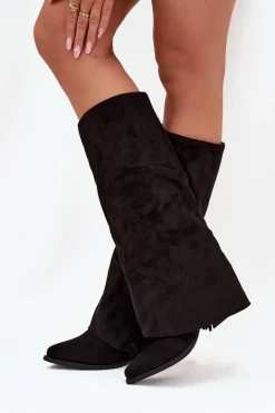 Wsuwane Kozaki Kowbojki Damskie Na Słupku Z Frędzlami Czarne Zalia