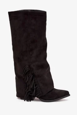 Wsuwane Kozaki Kowbojki Damskie Na Słupku Z Frędzlami Czarne Zalia