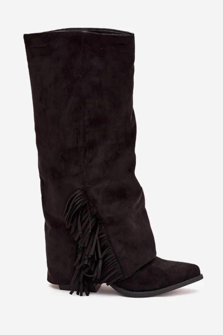 Wsuwane Kozaki Kowbojki Damskie Na Słupku Z Frędzlami Czarne Zalia