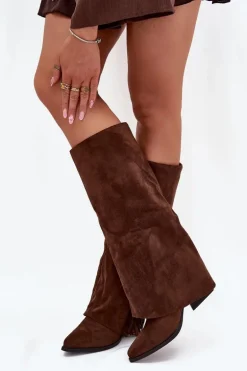 Wsuwane Kozaki Kowbojki Damskie Na Słupku Z Frędzlami Brązowe Zalia