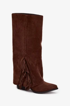 Wsuwane Kozaki Kowbojki Damskie Na Słupku Z Frędzlami Brązowe Zalia