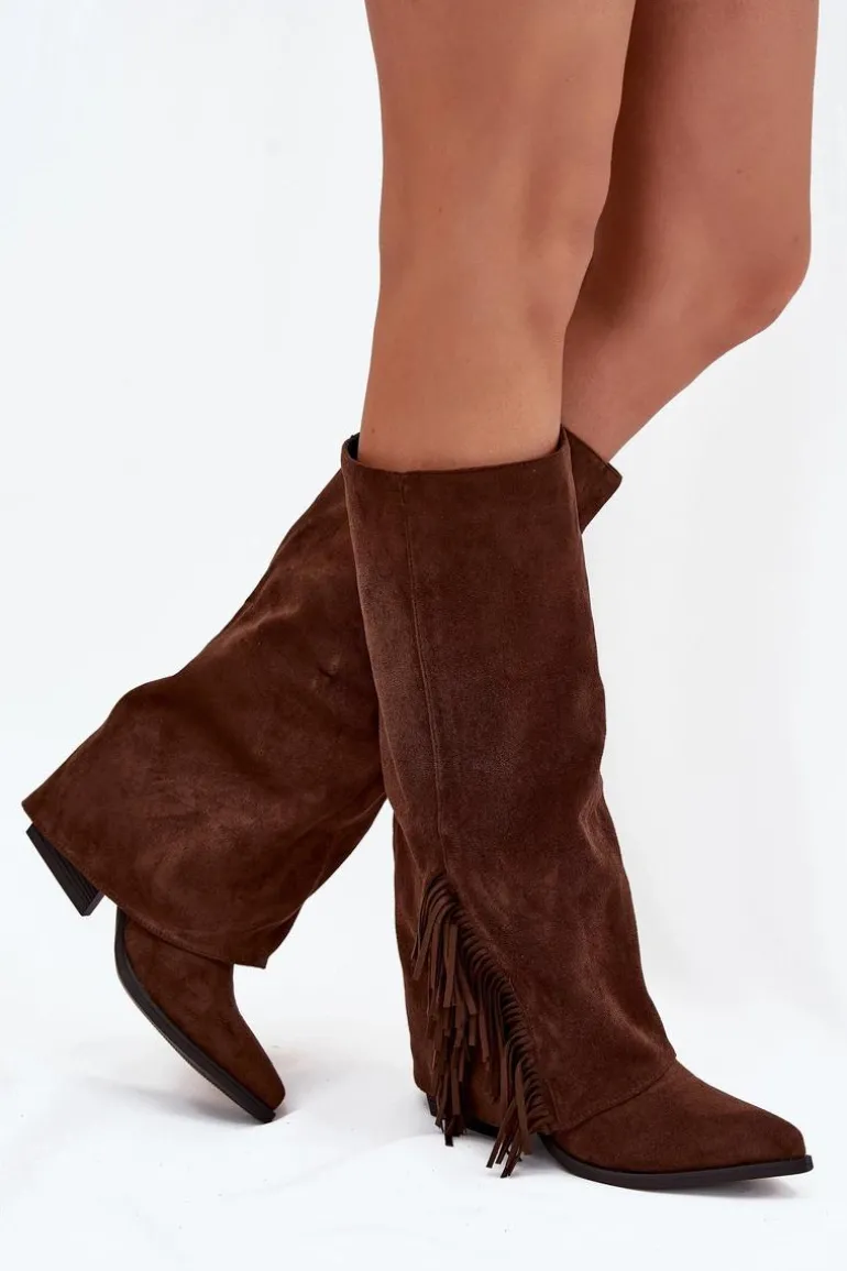 Wsuwane Kozaki Kowbojki Damskie Na Słupku Z Frędzlami Brązowe Zalia