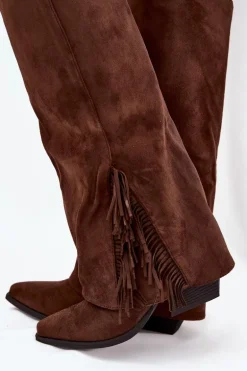Wsuwane Kozaki Kowbojki Damskie Na Słupku Z Frędzlami Brązowe Zalia