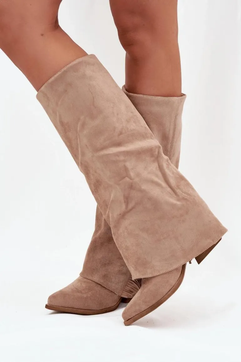 Wsuwane Kozaki Kowbojki Damskie Na Słupku Z Frędzlami Beżowe Zalia