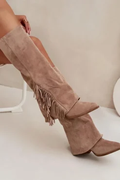 Wsuwane Kozaki Kowbojki Damskie Na Słupku Z Frędzlami Beżowe Zalia