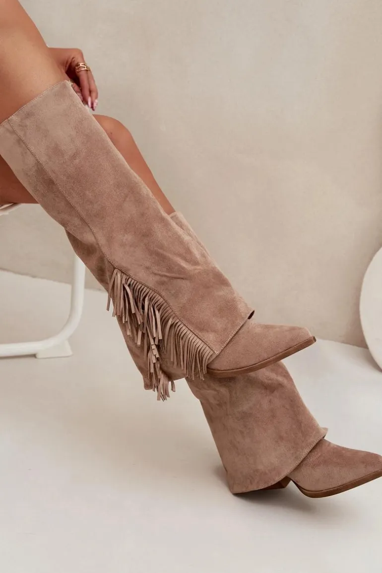 Wsuwane Kozaki Kowbojki Damskie Na Słupku Z Frędzlami Beżowe Zalia