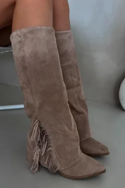 Wsuwane Kozaki Kowbojki Damskie Na Słupku Z Frędzlami Beżowe Zalia