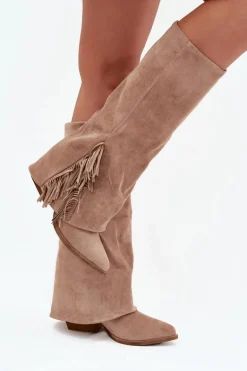 Wsuwane Kozaki Kowbojki Damskie Na Słupku Z Frędzlami Beżowe Zalia