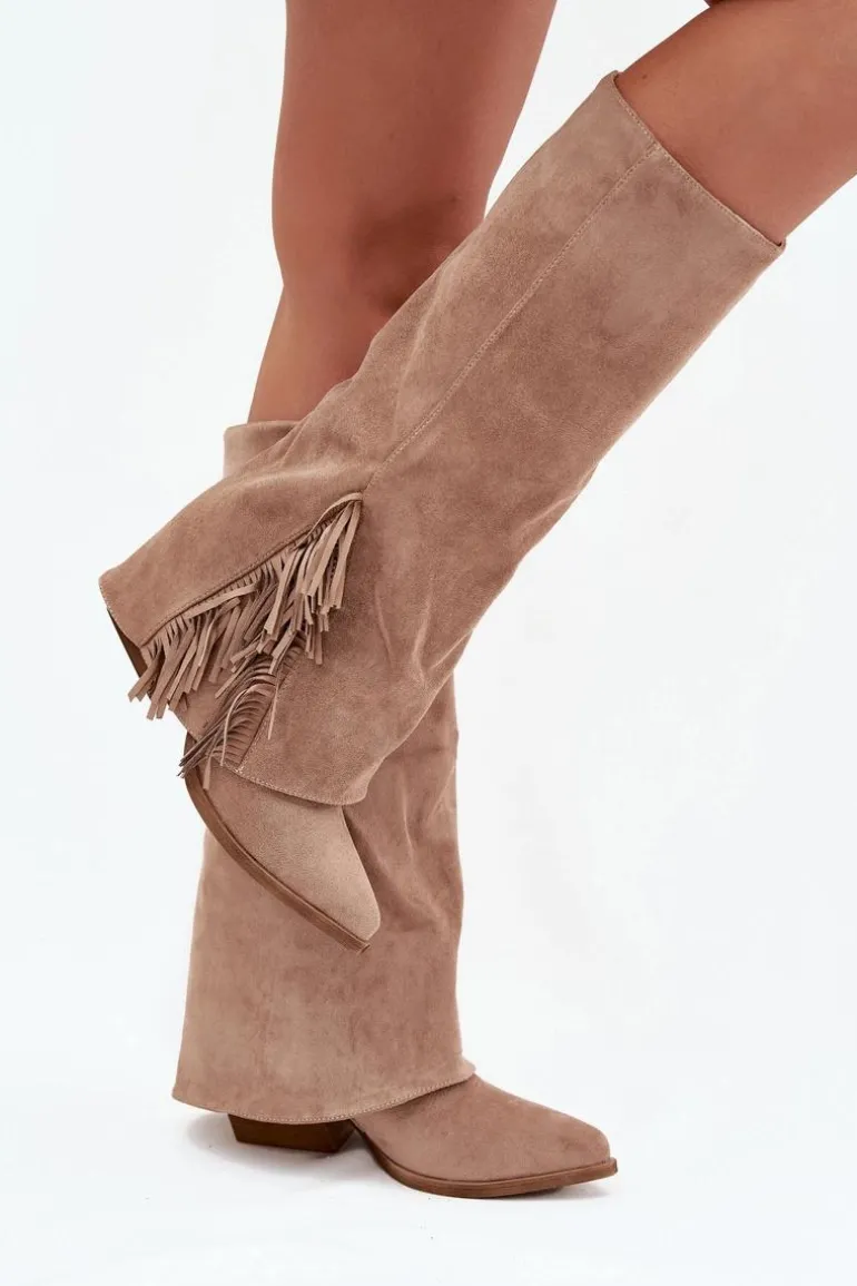 Wsuwane Kozaki Kowbojki Damskie Na Słupku Z Frędzlami Beżowe Zalia