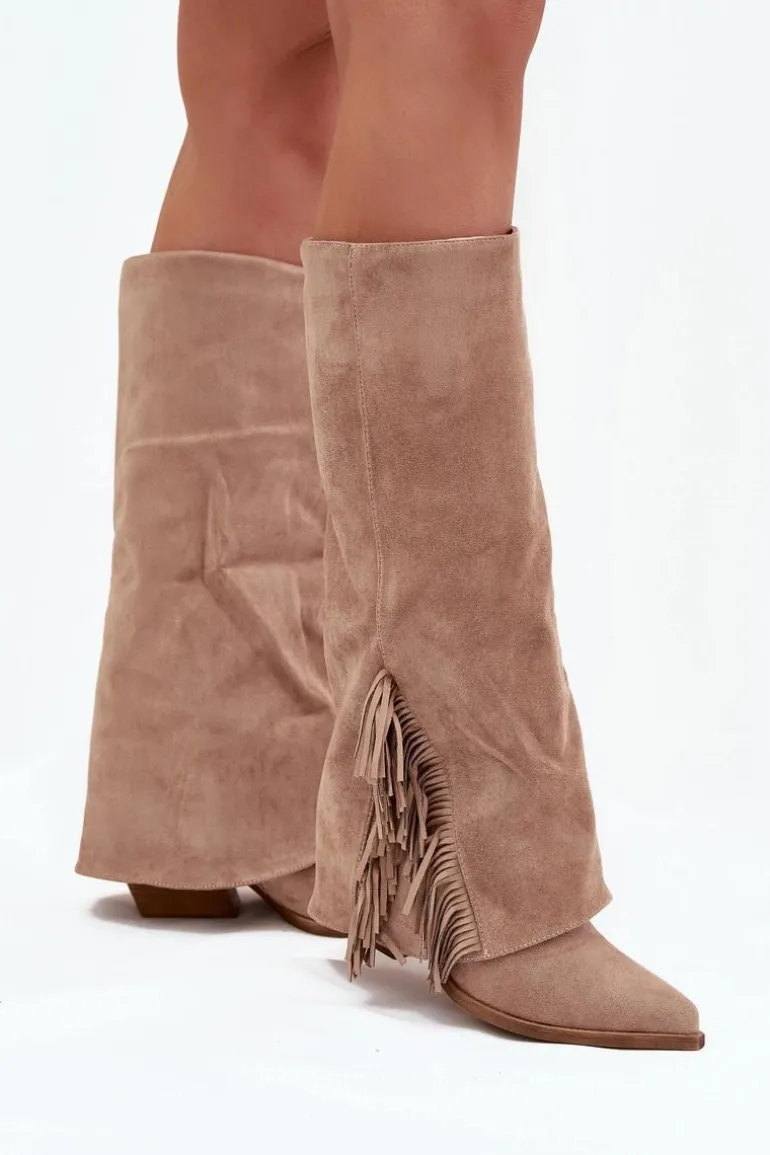 Wsuwane Kozaki Kowbojki Damskie Na Słupku Z Frędzlami Beżowe Zalia