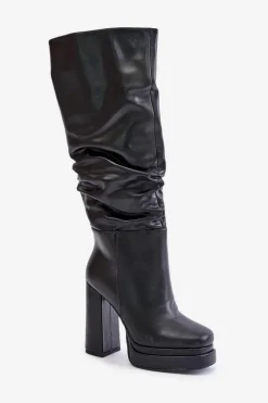 Wsuwane Kozaki Na Słupku I Platformie Z Marszczeniem Ocieplane Czarne Beridra