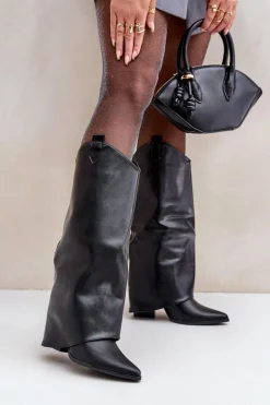 Wsuwane Kozaki Z Wywiniętą Cholewką Na Słupku Czarne Rialivia