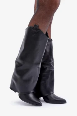 Wsuwane Kozaki Z Wywiniętą Cholewką Na Słupku Czarne Rialivia