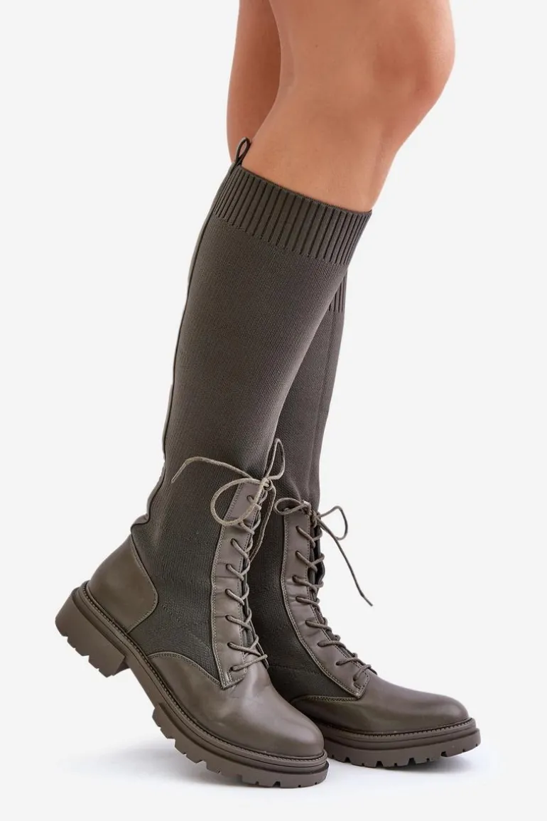 Wsuwane Kozaki Ze Skarpetkową Cholewką Ciemnozielone Iranel