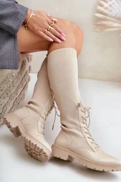 Wsuwane Kozaki Ze Skarpetkową Cholewką Beżowe Iranel