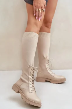 Wsuwane Kozaki Ze Skarpetkową Cholewką Beżowe Iranel
