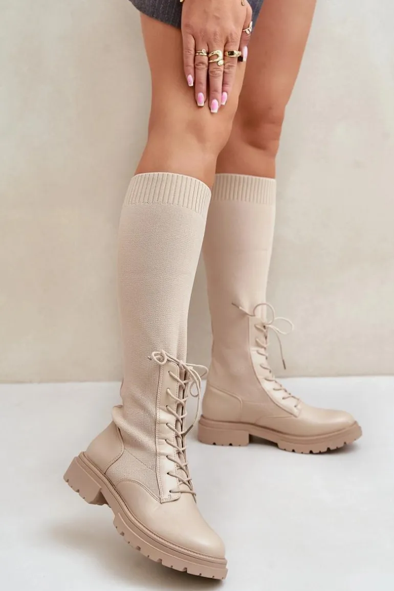 Wsuwane Kozaki Ze Skarpetkową Cholewką Beżowe Iranel
