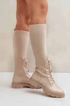 Wsuwane Kozaki Ze Skarpetkową Cholewką Beżowe Iranel
