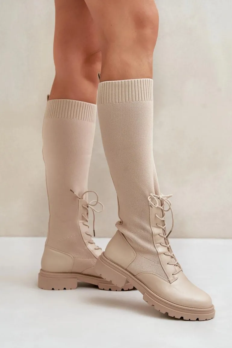 Wsuwane Kozaki Ze Skarpetkową Cholewką Beżowe Iranel
