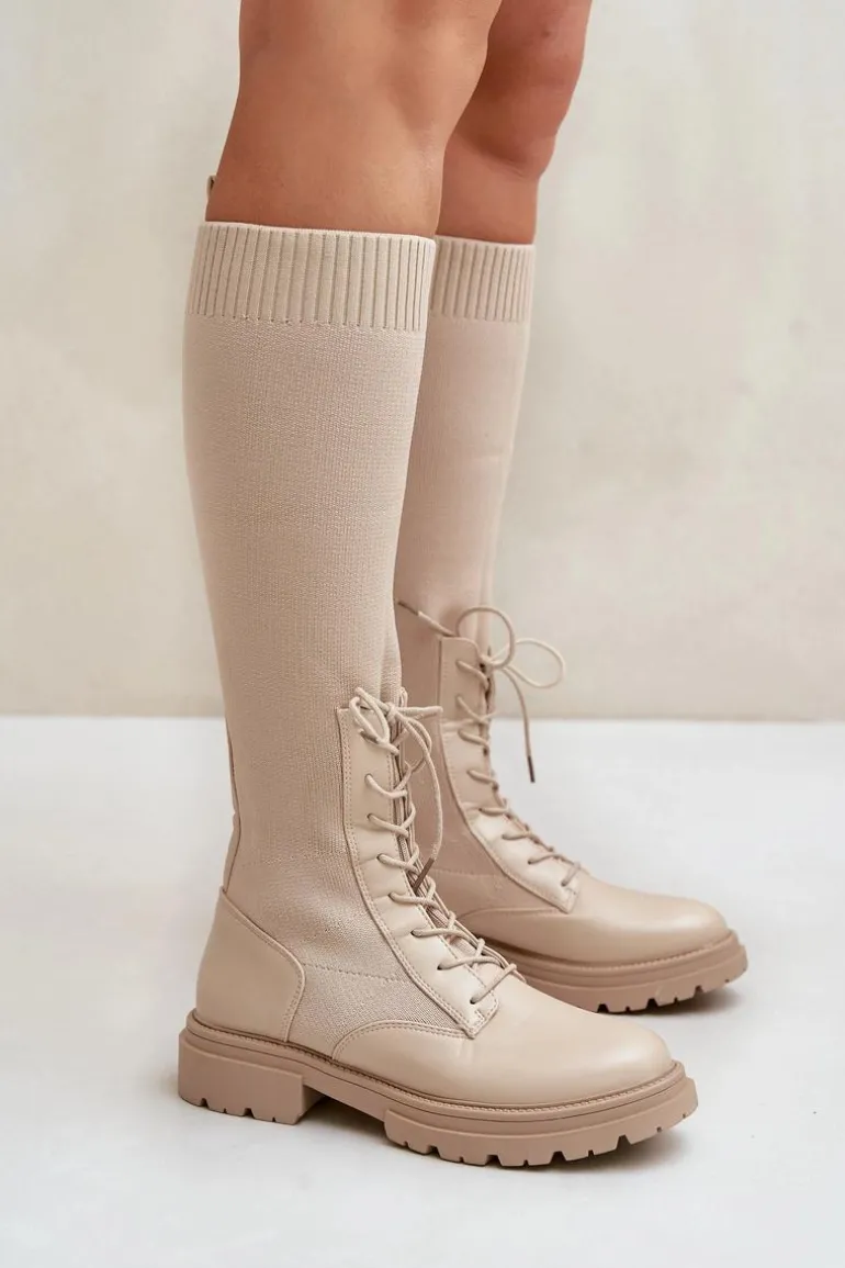 Wsuwane Kozaki Ze Skarpetkową Cholewką Beżowe Iranel