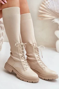 Wsuwane Kozaki Ze Skarpetkową Cholewką Beżowe Iranel