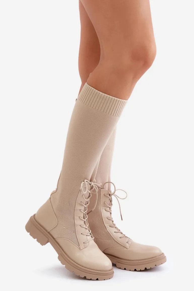 Wsuwane Kozaki Ze Skarpetkową Cholewką Beżowe Iranel