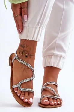 Wsuwane Sandały Damskie Z Ozdobami Srebrne Hayen